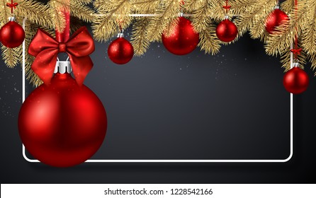 Grey Merry Christmas and Happy New Year banner with frame, fir branches and red Christmas balls. Vector background.
