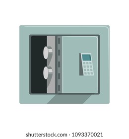 Grey metal armored opened safe box, safety business box cash secure protection concept vector Illustration