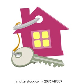 Grey metal key on string with keychain, icon in the shape of pink house. concept of buying and selling real estate. House keys with the house label on the ring. The vector is top.