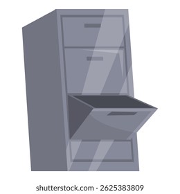 Grey metal office filing cabinet standing with one drawer open