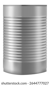 O estanho de metal cinza pode preservar alimentos, apresentando um design fechado e selado com uma superfície ondulada texturizada, isolado contra um fundo branco limpo, mostrado da frente