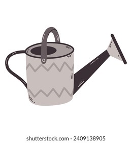 Grey metal watering can or pot isolated on white background. Modern gardening tool or agricultural implement used in horticulture and plant cultivation. Flat cartoon colorful vector illustration.