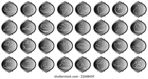 grey metallic decorative badges with food symbols