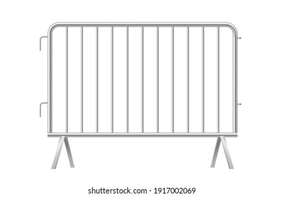 Grey metallic fence. Urban portable metal barrier isolated on white background. Rail barricade mockup. 3d realistic vector illustration