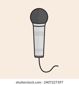 Ilustración icónica del micrófono metálico gris con cable, parabrisas y caracter vectorial de la carcasa