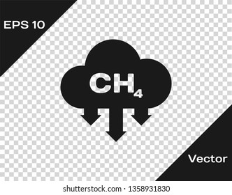 Grey Methane emissions reduction icon isolated on transparent background. CH4 molecule model and chemical formula. Marsh gas. Natural gas. Vector Illustration