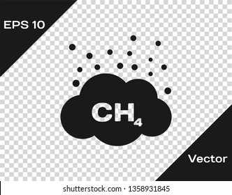 Grey Methane emissions reduction icon isolated on transparent background. CH4 molecule model and chemical formula. Marsh gas. Natural gas. Vector Illustration