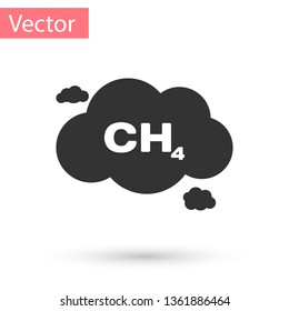 Grey Methane emissions reduction icon isolated on white background. CH4 molecule model and chemical formula. Marsh gas. Natural gas. Vector Illustration