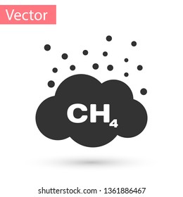 Grey Methane emissions reduction icon isolated on white background. CH4 molecule model and chemical formula. Marsh gas. Natural gas. Vector Illustration