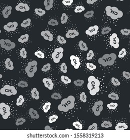 Grey Methane emissions reduction icon isolated seamless pattern on black background. CH4 molecule model and chemical formula. Marsh gas. Natural gas.  Vector Illustration