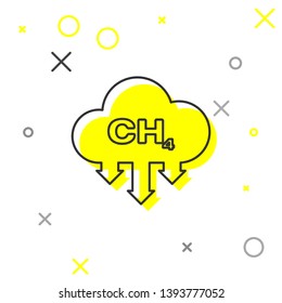 Grey Methane emissions reduction line icon isolated on white background. CH4 molecule model and chemical formula. Marsh gas. Natural gas. Vector Illustration