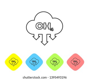 Grey Methane emissions reduction line icon isolated on white background. CH4 molecule model and chemical formula. Marsh gas. Natural gas. Set icon in color rhombus buttons. Vector Illustration