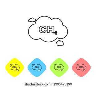 Grey Methane emissions reduction line icon isolated on white background. CH4 molecule model and chemical formula. Marsh gas. Natural gas. Set icon in color rhombus buttons. Vector Illustration