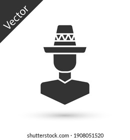 Grey Mexican man wearing sombrero icon isolated on white background. Hispanic man with a mustache. Vector.
