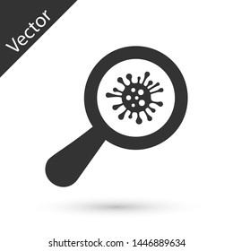 Grey Microorganisms under magnifier icon isolated on white background. Bacteria and germs, cell cancer, microbe, virus, fungi.  Vector Illustration