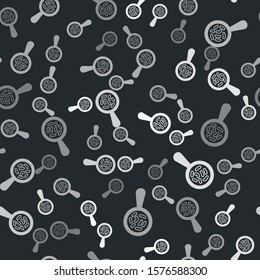 Grey Microorganisms under magnifier icon isolated seamless pattern on black background. Bacteria and germs, cell cancer, microbe, virus, fungi.  Vector Illustration