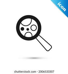Grey Microorganisms under magnifier icon isolated on white background. Bacteria and germs, cell cancer, microbe, virus, fungi.  Vector