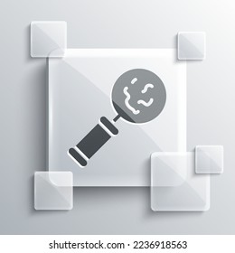 Grey Microorganisms under magnifier icon isolated on grey background. Bacteria and germs, cell cancer, microbe, virus, fungi. Square glass panels. Vector