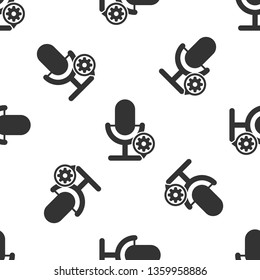 Grey Microphone and gear icon isolated seamless pattern on white background. Adjusting app, service concept, setting options, maintenance, repair, fixing. Vector Illustration