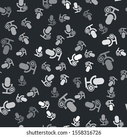 Grey Microphone and gear icon isolated seamless pattern on black background. Adjusting app, service concept, setting options, maintenance, repair, fixing.  Vector Illustration