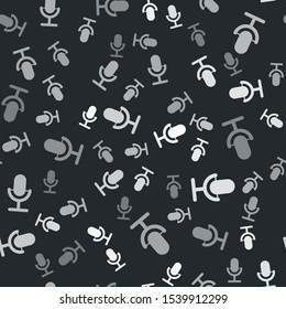 Grey Microphone icon isolated seamless pattern on black background. On air radio mic microphone. Speaker sign.  Vector Illustration