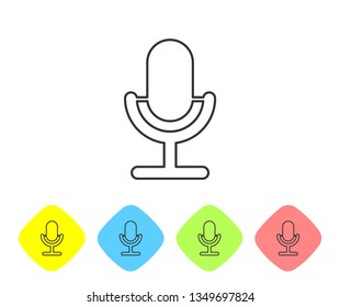 Grey Microphone line icon isolated on white background. On air radio mic microphone. Speaker sign. Set icon in color rhombus buttons. Vector Illustration