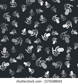 Grey Microphone with screwdriver and wrench icon isolated seamless pattern on black background. Adjusting, service, setting, maintenance, repair, fixing.  Vector Illustration