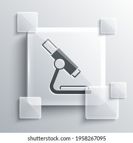 Grey Microscope icon isolated on grey background. Chemistry, pharmaceutical instrument, microbiology magnifying tool. Square glass panels. Vector