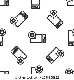 Grey Microwave oven and gear icon isolated seamless pattern on white background. Adjusting app, service concept, setting options, maintenance, repair, fixing. Vector Illustration