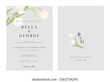 Tulipanes blancos y grises minimalistas y deja la invitación a la boda