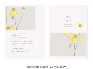 Grey minimalist yellow Cutleaf coneflower wedding invitation