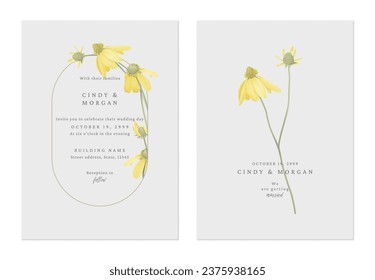 Grey minimalist yellow Cutleaf coneflower wedding invitation