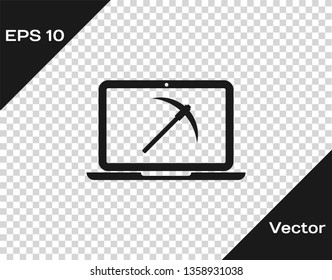 Grey Mining concept with laptop and pickaxe icon isolated on transparent background. Blockchain technology, cryptocurrency mining, digital money market. Vector Illustration