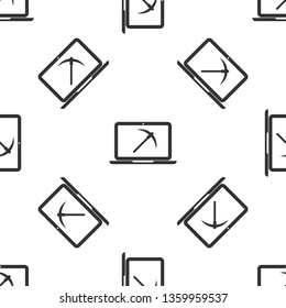 Grey Mining concept with laptop and pickaxe icon isolated seamless pattern on white background. Blockchain technology, cryptocurrency mining, digital money market. Vector Illustration