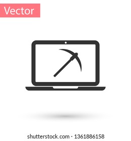 Grey Mining concept with laptop and pickaxe icon isolated on white background. Blockchain technology, cryptocurrency mining, digital money market. Vector Illustration