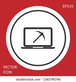 Grey Mining concept with laptop and pickaxe icon isolated on red background. Blockchain technology, cryptocurrency mining, digital money market. White circle button. Vector Illustration