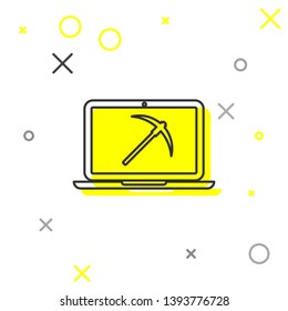 Grey Mining concept with laptop and pickaxe line icon isolated on white background. Blockchain technology, cryptocurrency mining, digital money market. Vector Illustration