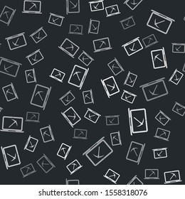 Grey Mining concept with laptop and pickaxe icon isolated seamless pattern on black background. Blockchain technology, cryptocurrency mining, digital money market.  Vector Illustration