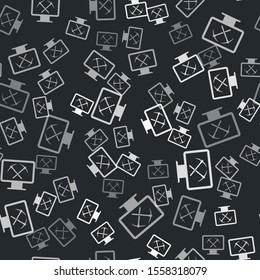 Grey Mining concept with laptop and pickaxe icon isolated seamless pattern on black background. Blockchain technology, cryptocurrency mining, digital money market.  Vector Illustration