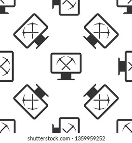 Grey Mining concept with monitor and pickaxe icon isolated seamless pattern on white background. Blockchain technology, cryptocurrency mining, digital money market. Vector Illustration