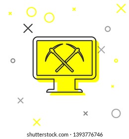 Grey Mining concept with monitor and pickaxe line icon isolated on white background. Blockchain technology, cryptocurrency mining, digital money market. Vector Illustration