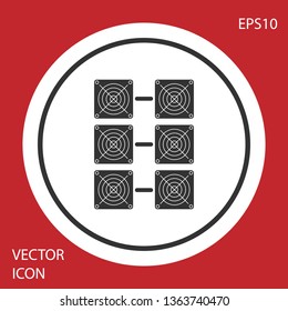 Grey Mining farm icon isolated on red background. Cryptocurrency mining, blockchain technology, bitcoin, digital money market, cryptocoin wallet. White circle button. Vector Illustration