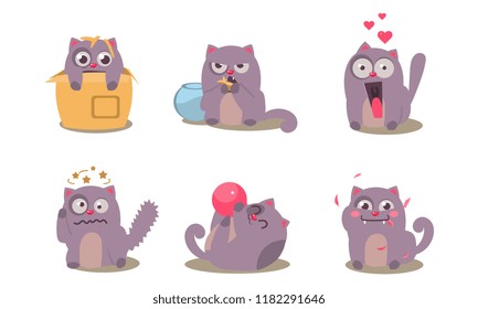 Grey mischievous cat in different situations with various emotions set, funny animal character vector Illustration on a white background