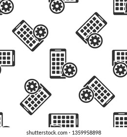 Grey Mobile Apps and gear icon isolated seamless pattern on white background. Adjusting app, service concept, setting options, maintenance, repair, fixing. Vector Illustration