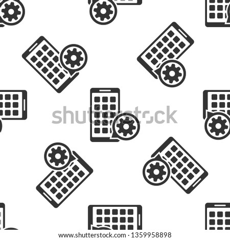 Grey Mobile Apps and gear icon isolated seamless pattern on white background. Adjusting app, service concept, setting options, maintenance, repair, fixing. Vector Illustration