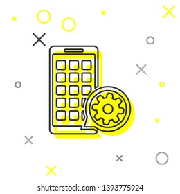 Grey Mobile Apps and gear line icon isolated on white background. Adjusting app, service concept, setting options, maintenance, repair, fixing. Vector Illustration
