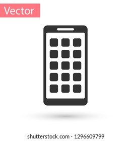 Grey Mobile Apps icon isolated on white background. Smartphone with screen icons, applications. mobile phone showing screen. Vector Illustration