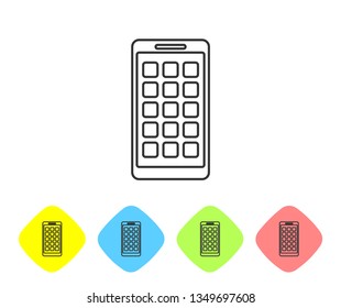 Grey Mobile Apps line icon isolated on white background. Smartphone with screen icons, applications. mobile phone showing screen. Set icon in color rhombus buttons. Vector Illustration