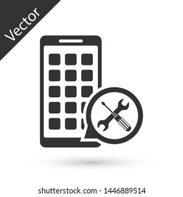 Grey Mobile Apps with screwdriver and wrench icon isolated on white background. Adjusting, service, setting, maintenance, repair, fixing.  Vector Illustration