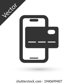 Grey Mobile banking icon isolated on white background. Transfer money through mobile banking on the mobile phone screen. Vector